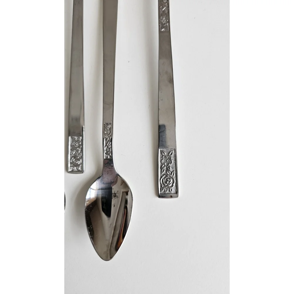 Customcraft Set of 6 Iced Tea Spoons & Serving Fork Stainless Flatware Floral